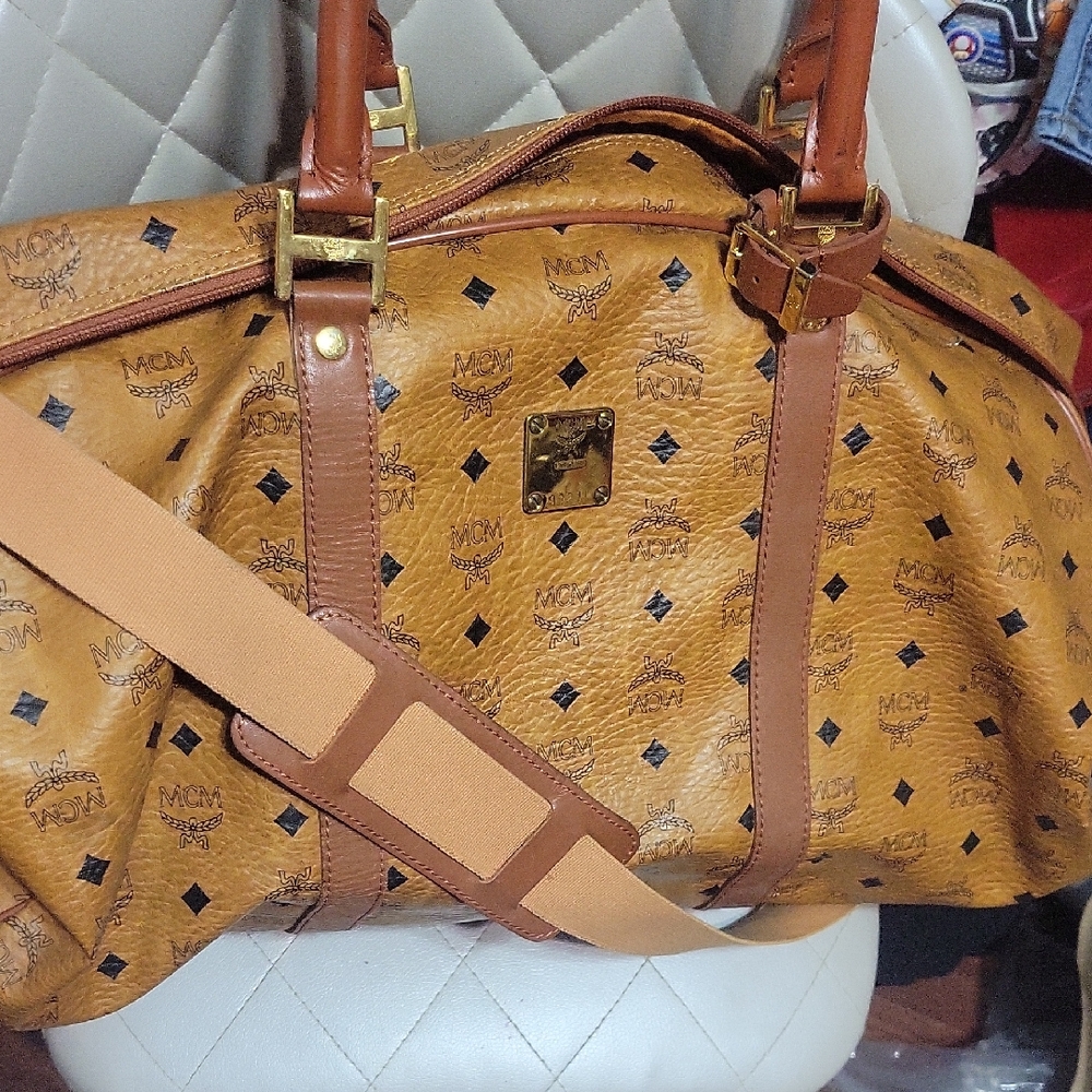 MCM Tan and Brown Duffel Bag with Signature Monogram